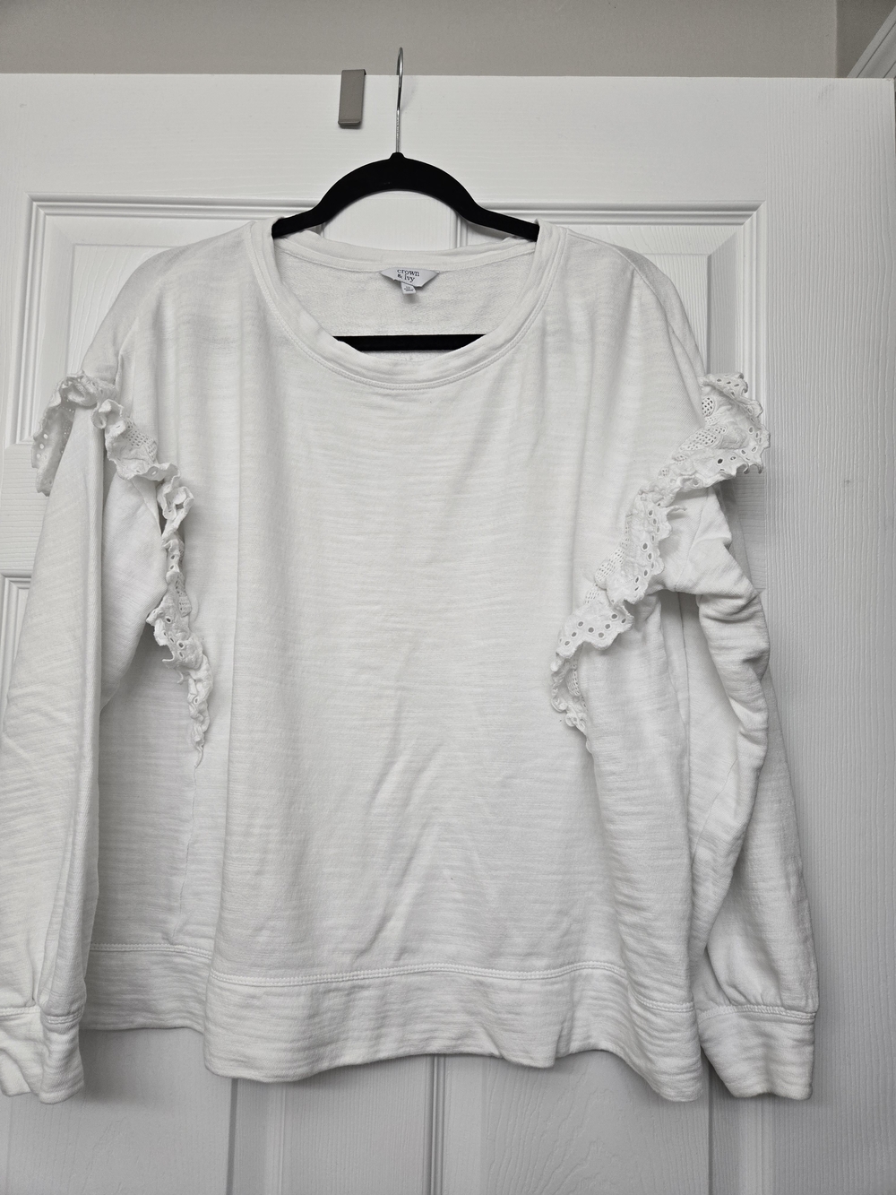 White Ruffle Detail Long-Sleeve Sweatshirt